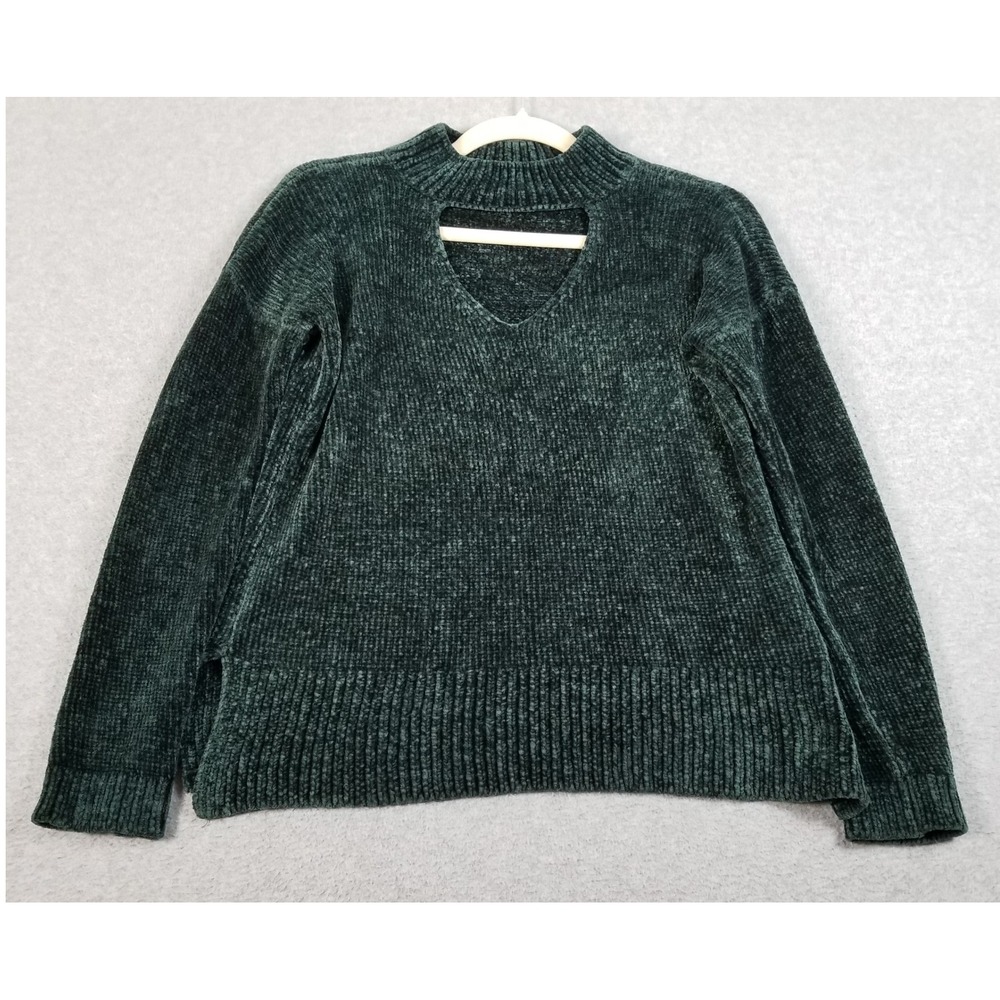 Charming Charlie Sweater Womens Small Green Chenille Cutout Mock Neck Rib Cozy